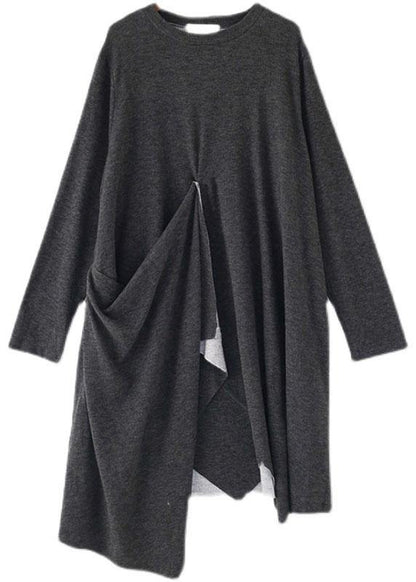 French Grey O-neck Patchwork Fall Dress Long Sleeve