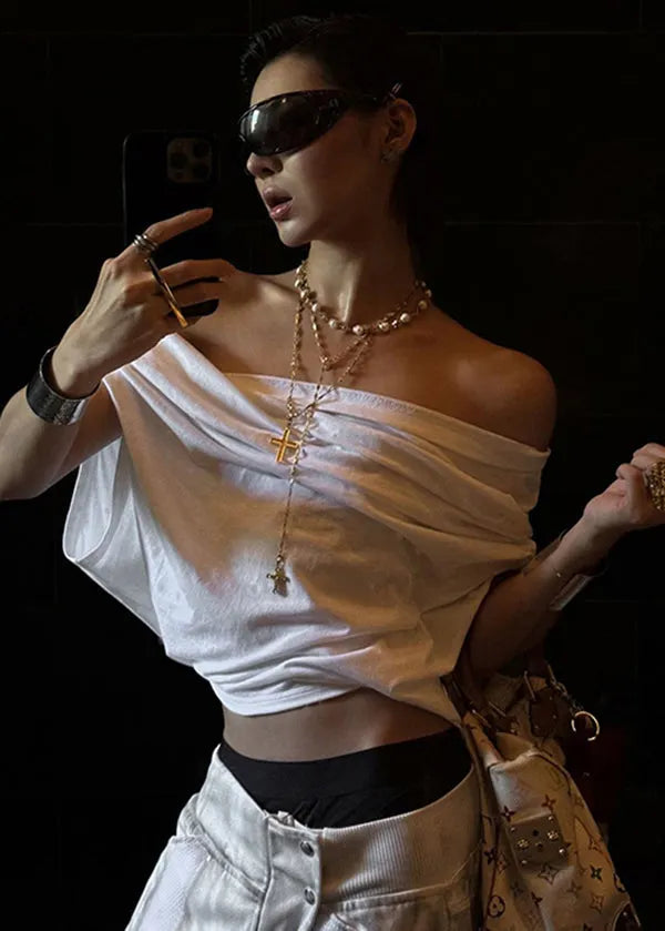 White Slash Neck Asymmetrical Cotton T Shirt Tops Summer