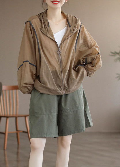 Khaki Patchwork Cotton Upf 50+ Coat Hooded Oversized Long Sleeve