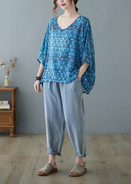 Loose Blue V Neck Low High Design Print Blouse Tops Half Sleeve