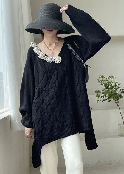 Black Cozy Knit Short Sweater V Neck Winter