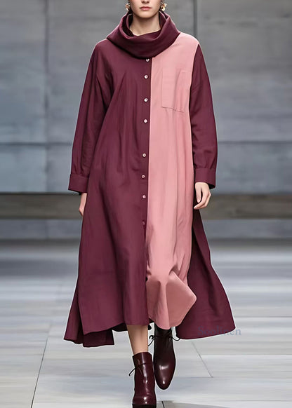 Mulberry Turtleneck Patchwork Pockets Maxi Dresses Fall