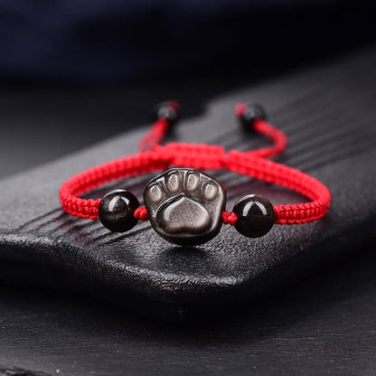 Buddha Stones Natural Silver Sheen Obsidian Gold Sheen Obsidian Cat Paw Claw Protection Rope Bracelet