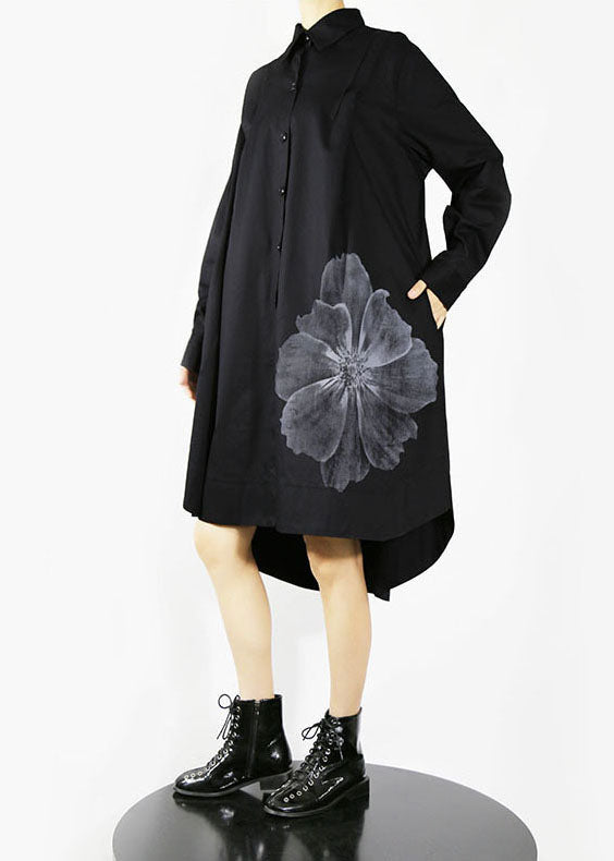 Natural Black Button Peter Pan Collar Shirt Dresses Spring