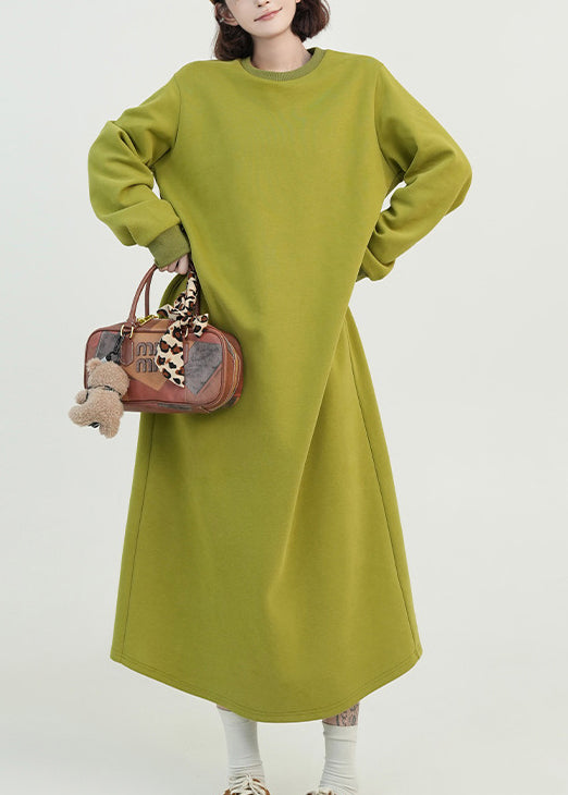 Green O Neck Long Cotton Straight Dress Fall