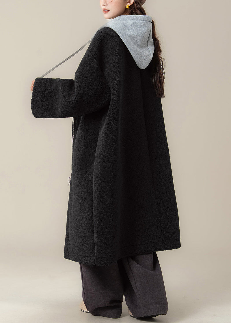 Black Hooded Zippered Patchwork Teddy Faux Fur Coat Winter