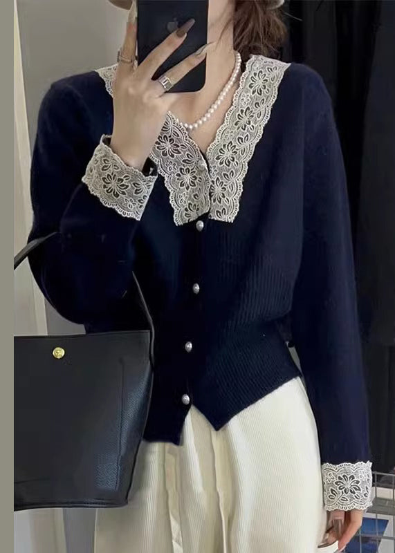 Apricot Button Lace Patchwork Cotton Knit Coats Fall