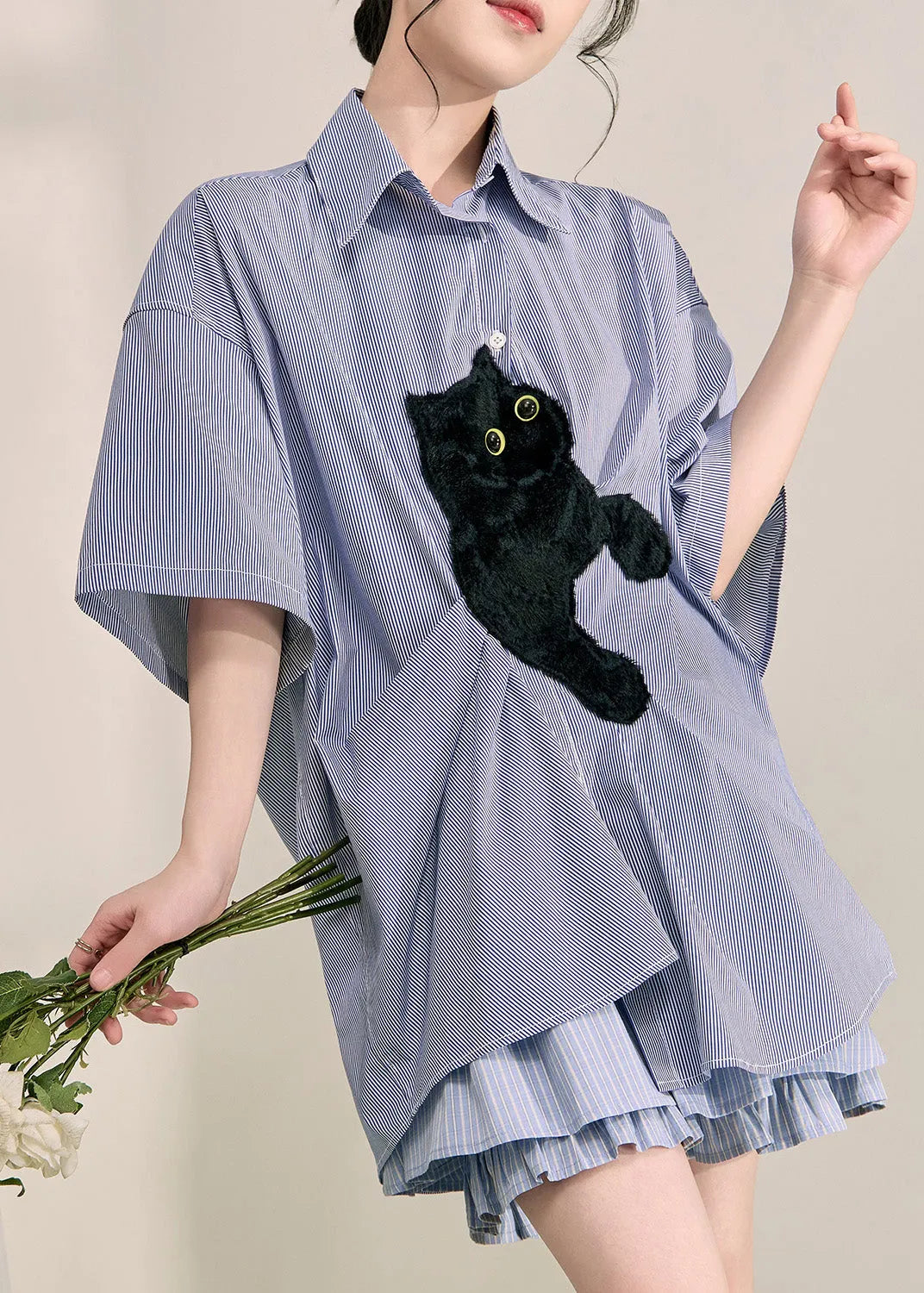 Blue Peter Pan Collar Little Cats Striped Shirts Summer
