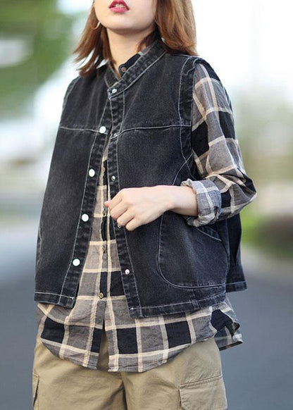 Fitted Black Stand Collar Pockets Button Fall Top Sleeveless Waistcoat