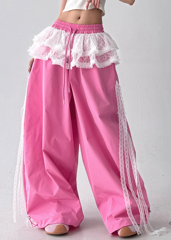 Pink Lace Patchwork Cotton Wide Leg Pants Fall