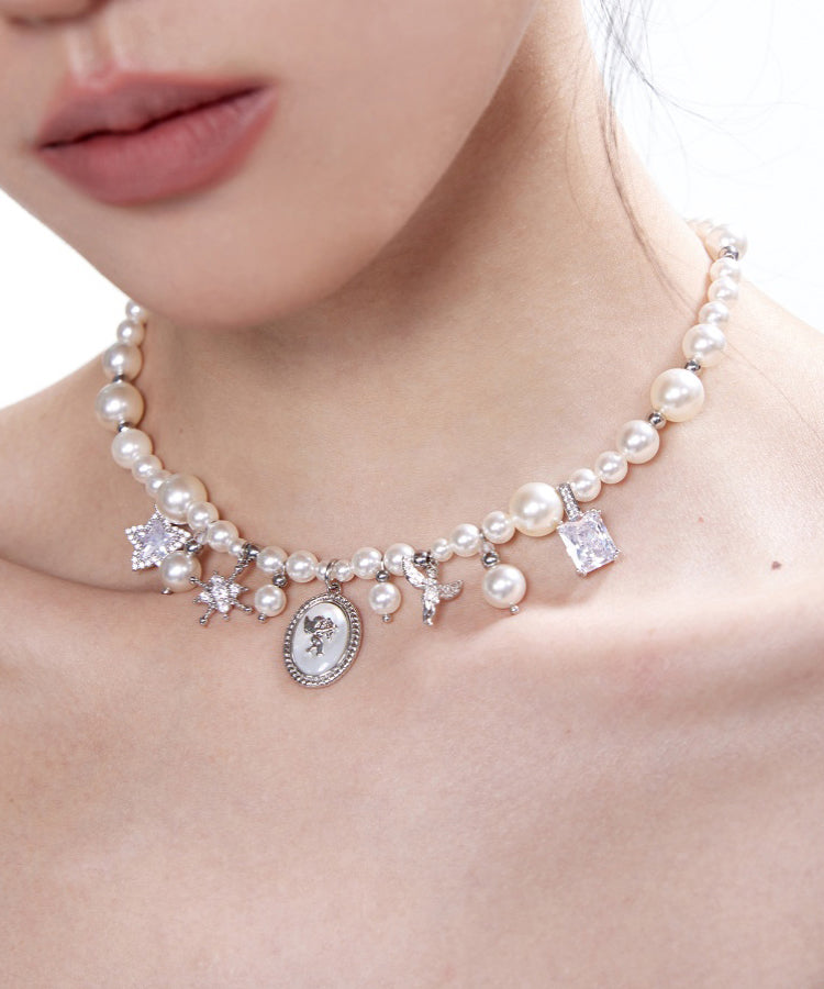 Stylish Pearl Angel Zircon Silver Plated Pendant Choker