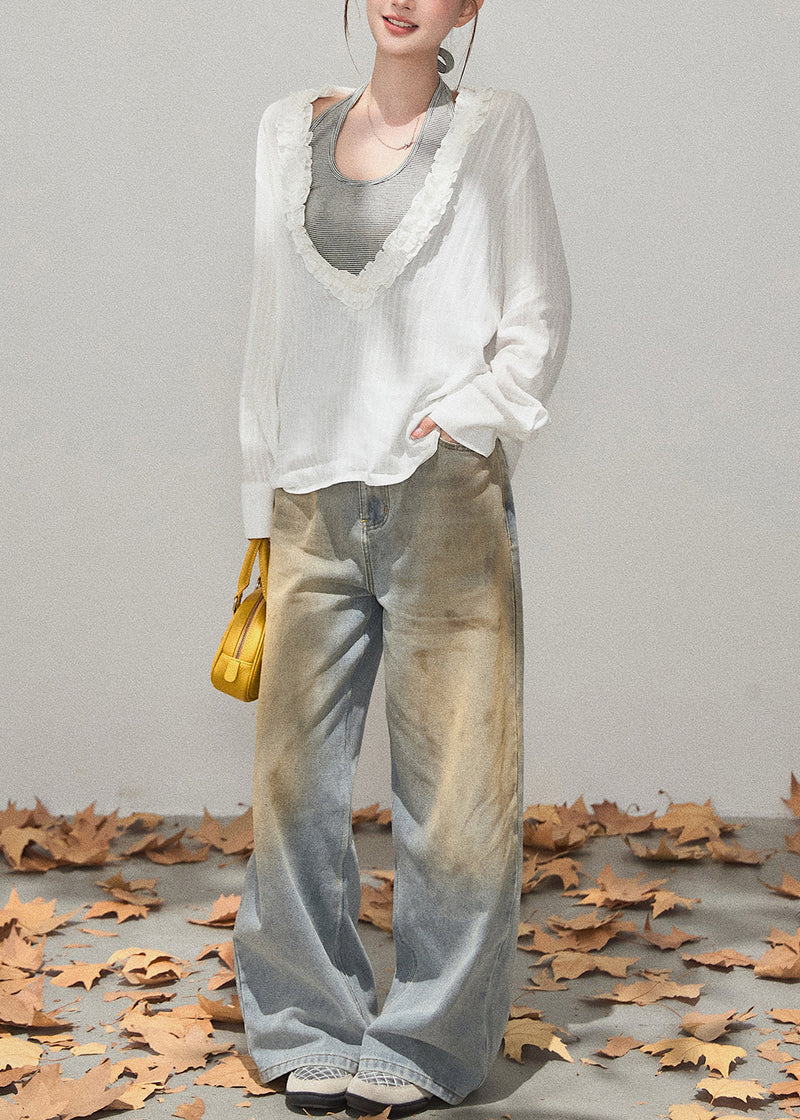 White Deep V-neck Ruffled Cotton Shirt Fall