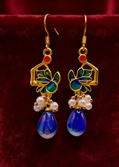 Peacock Blue Water Droplet Gem Stone Drop Earrings