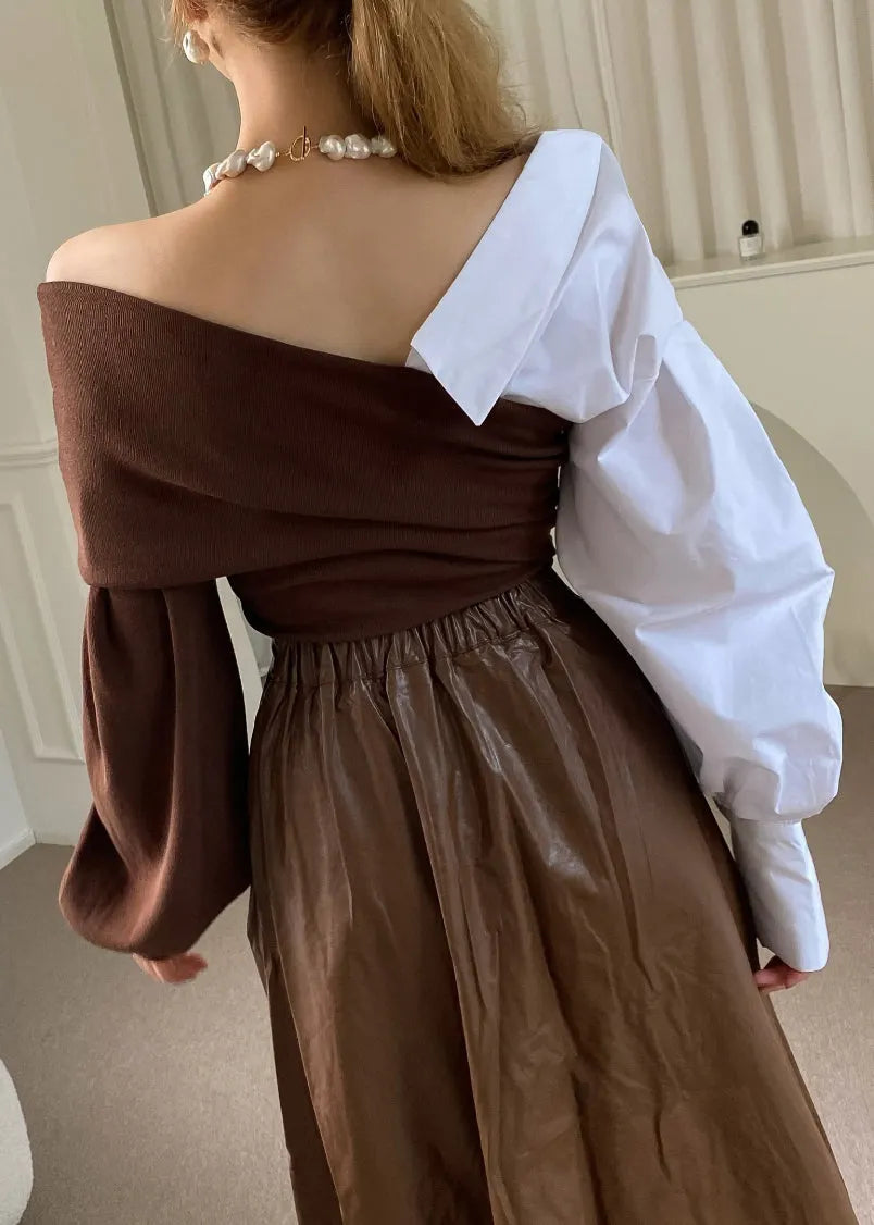 Brown Asymmetrical Patchwork Cotton Knit Top Fall