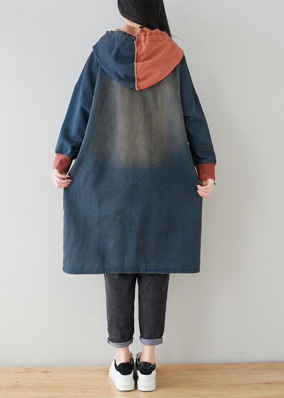 Blue Pockets Patchwork Hooded Coats Spring