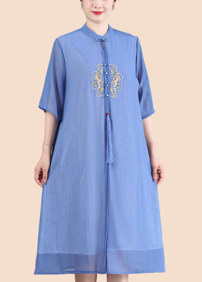 Blue Tasseled Button Patchwork Dresses Summer