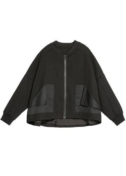 Style Black Zippered Pockets Patchwork Fall Coat Long Sleeve