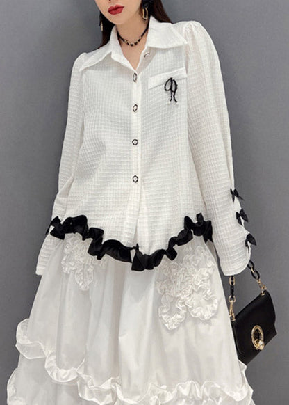 White Embroideried Ruffled Tulle Patchwork Chiffon Dress Two Pieces Set Spring