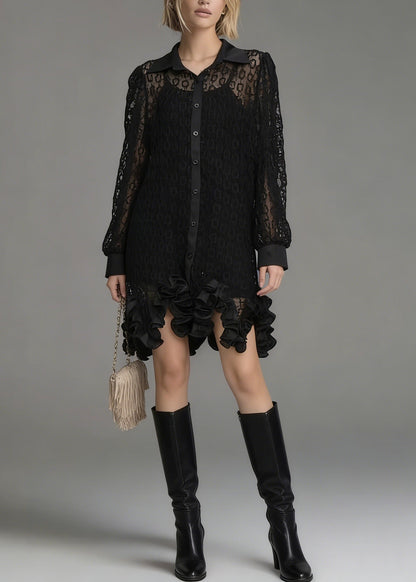 Black Peter Pan Collar Hollow Out Lace Shirt Tops Spring