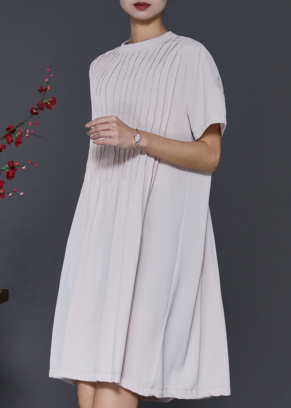 Apricot O-neck Wrinkled Cotton Dresses Summer