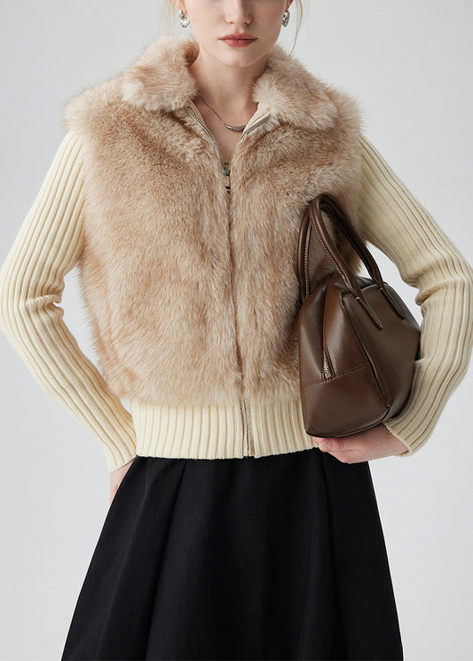 Beige Zip Up Patchwork Faux Fox Fur Knit Coat Winter
