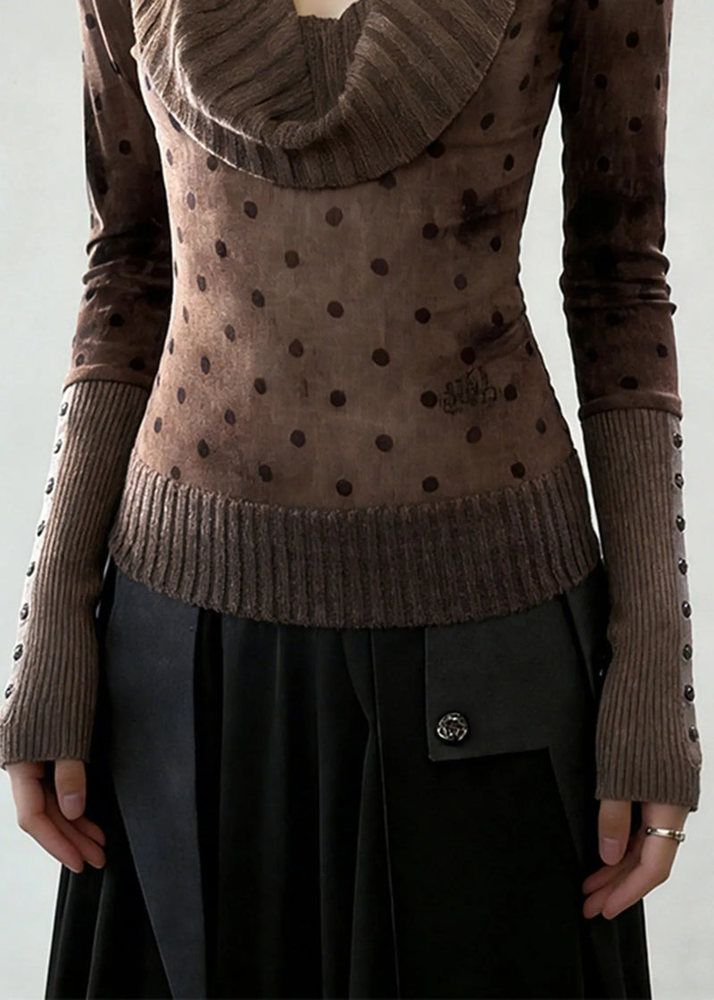 Boutique Brown Turtle Neck Patchwork Cotton Shirt Top Spring