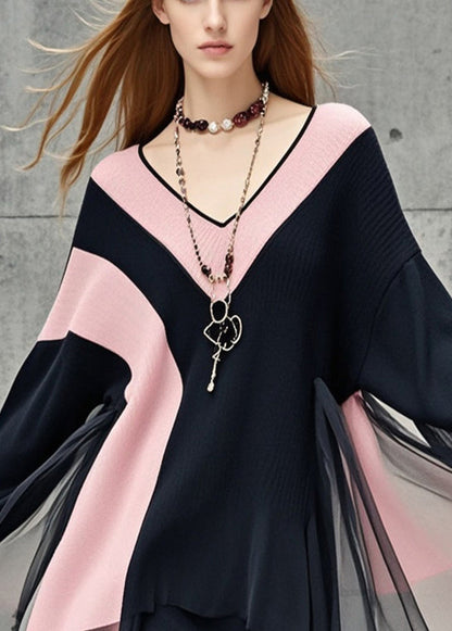 Black V Neck Patchwork Tulle Sweater Dress Fall