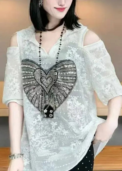 White Cold Shoulder Jacquard Cotton Hoodie Tops Summer