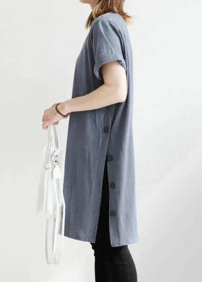 Light Blue O-neck Button Cotton Long T Shirt Short Sleeve