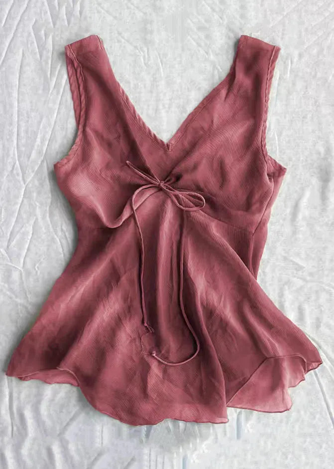 Simple Purple V Neck Lace Up Cotton Tank Sleeveless
