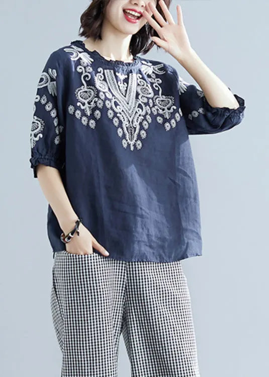 Blue O-neck Cotton Top Short Sleeve