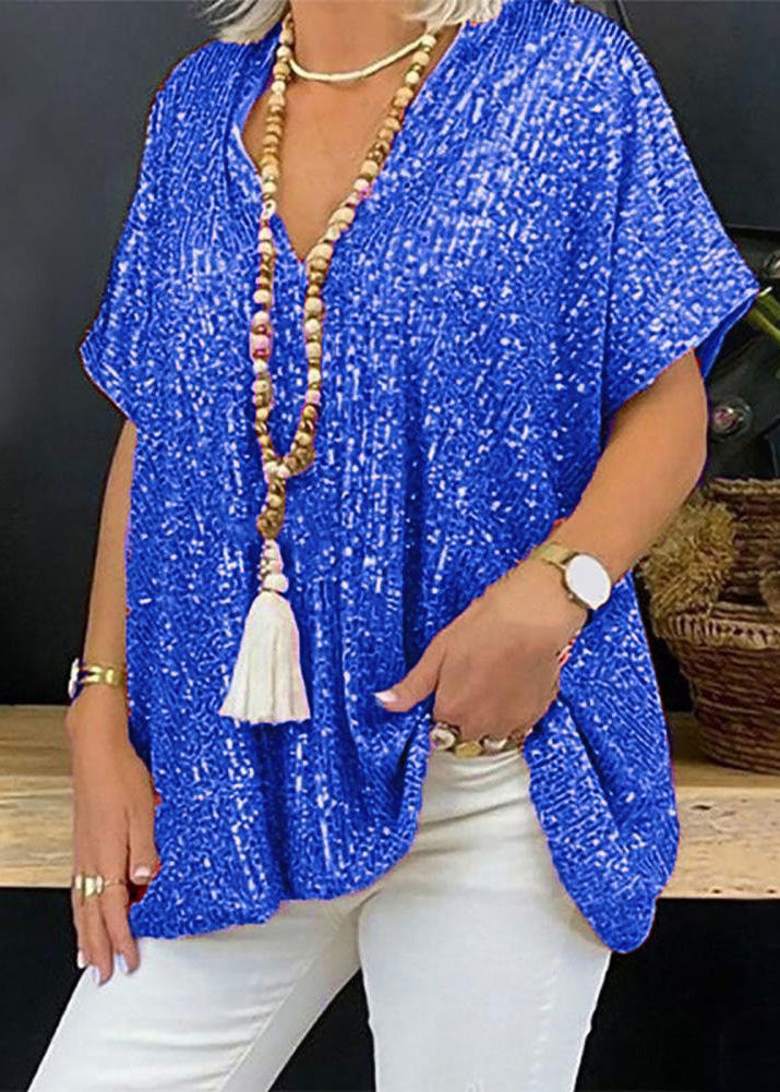 Gold V Neck Sequins Tops Summer