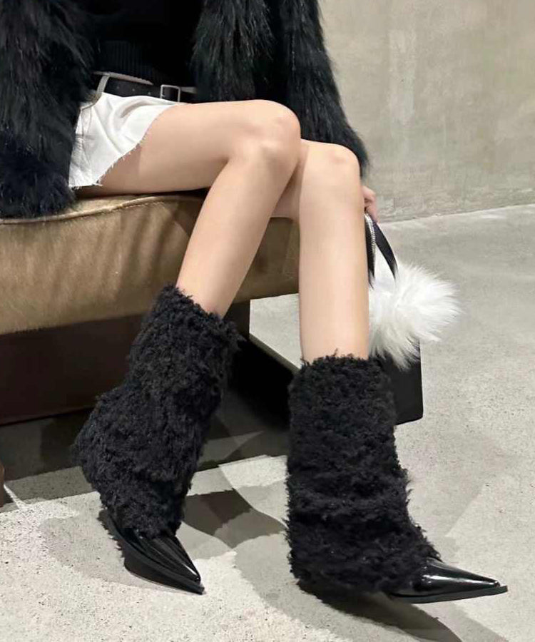 Beige Fuzzy Fur Splicing Heels Boots Pointed Toe