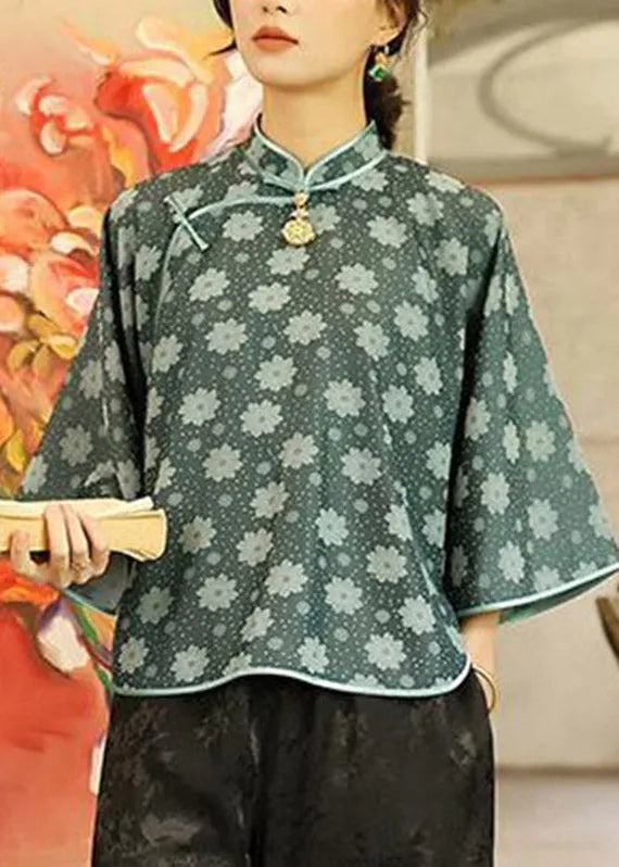Ink Blue Mandarin Collar Jacquard Silk Shirt Top Three Quarter Sleeve