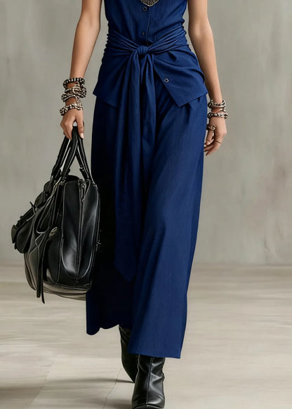 French Navy O Neck Button Tie Waist Denim Two Pieces Set Sleeveless