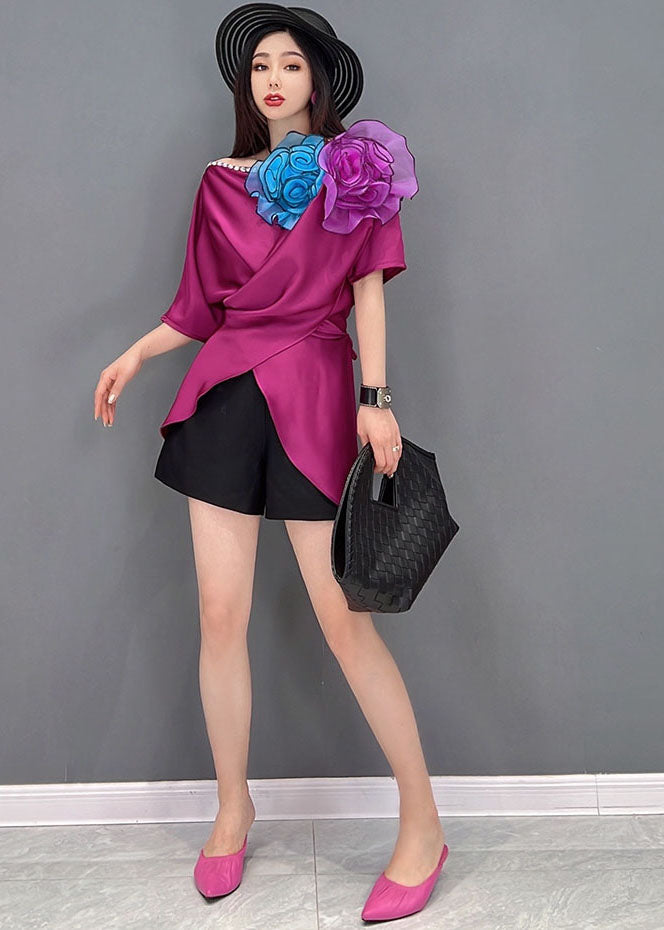 Classy Purple Red Asymmetrical Design Silk Shirt Vestidos Short Sleeve