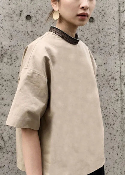 Khaki Stand Collar Oversized Patchwork Cotton Tank Short Sleeve