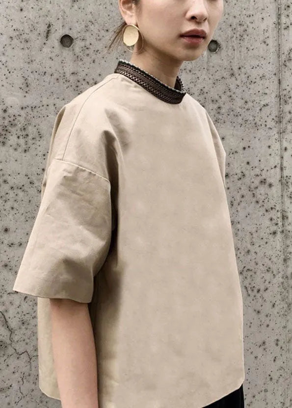 Khaki Stand Collar Oversized Patchwork Cotton Tank Short Sleeve