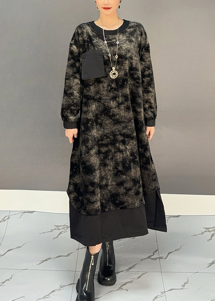 Black O-neck Tie Dye Side Open Silk Velour Maxi Dress Winter