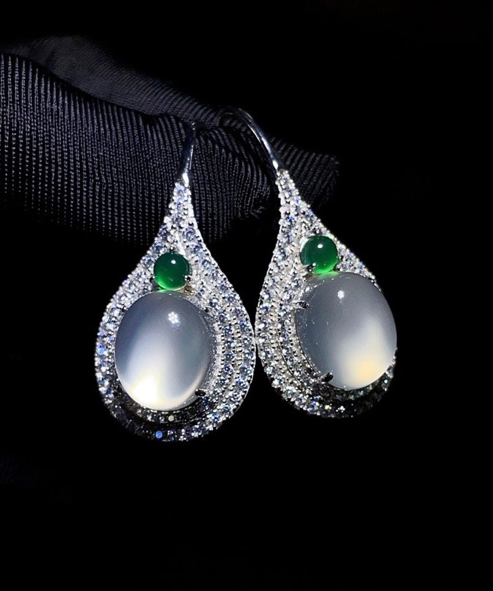 Silk Sterling Silver Inlaid Zircon Jade Stud Earrings