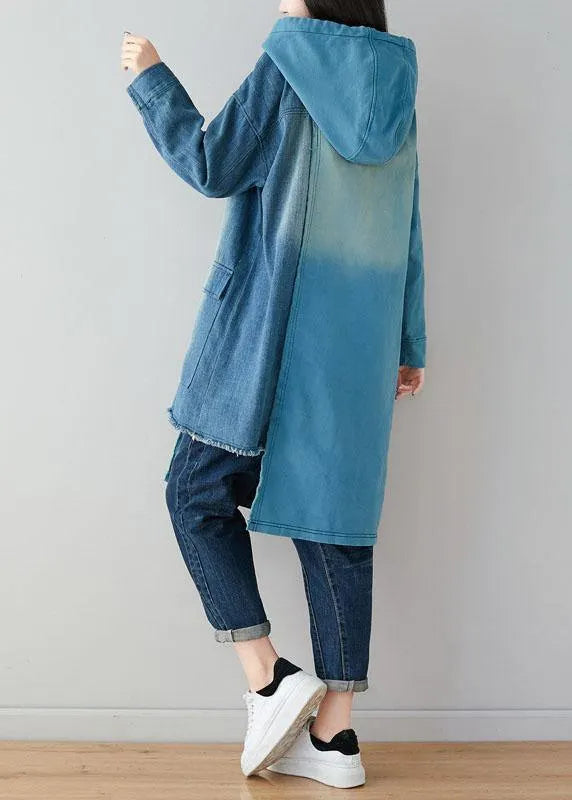 Blue Hooded Pockets Patchwork Asymmetrical Design Print Fall Pullover Sweatshirt