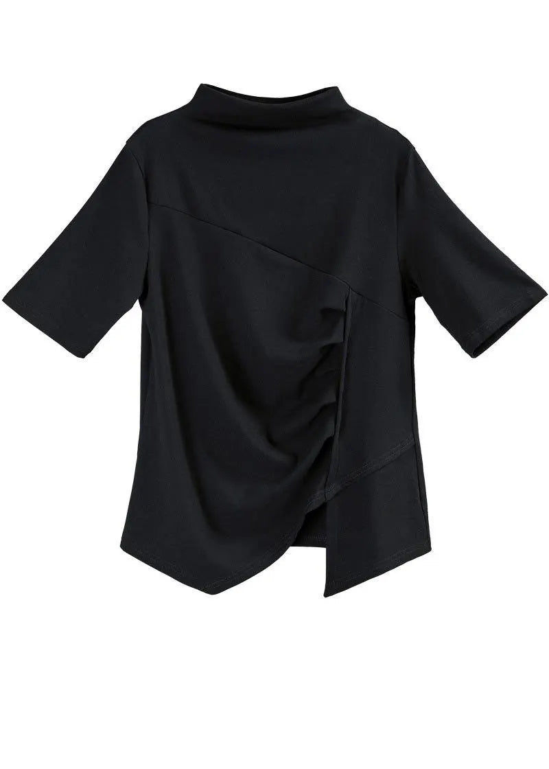 Classy Black High Neck Asymmetrical Design Cotton Tops Summer