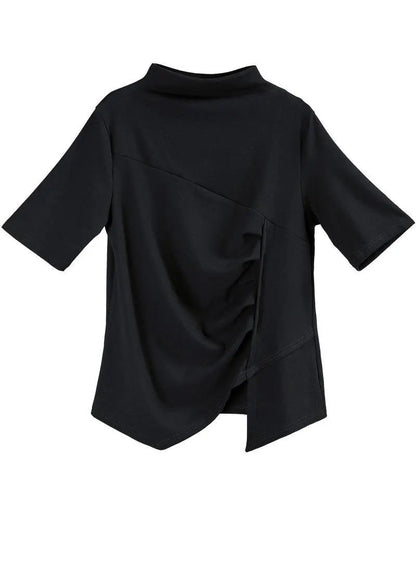 Classy Black High Neck Asymmetrical Design Cotton Tops Summer