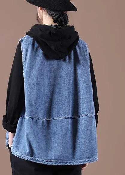 Drawstring Zipper Wash Blue Stand Collar Vest