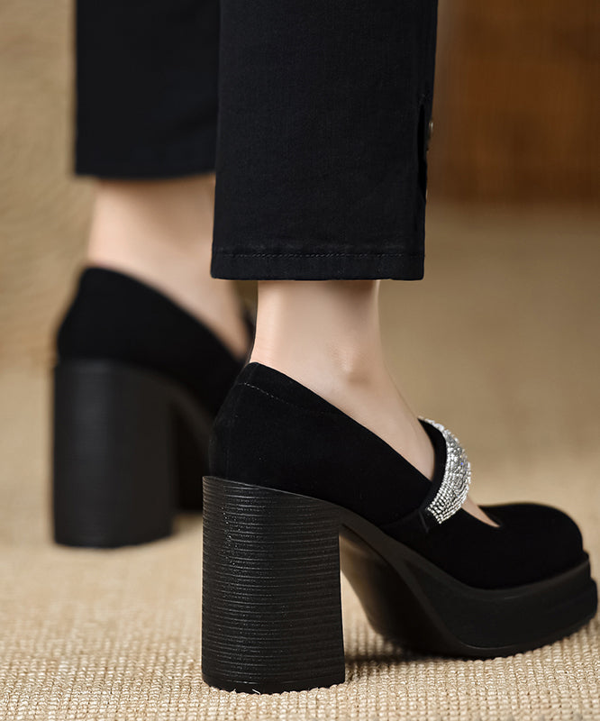 European and American Style Suede Chunky High Heels Splicing Zircon Buckle Strap