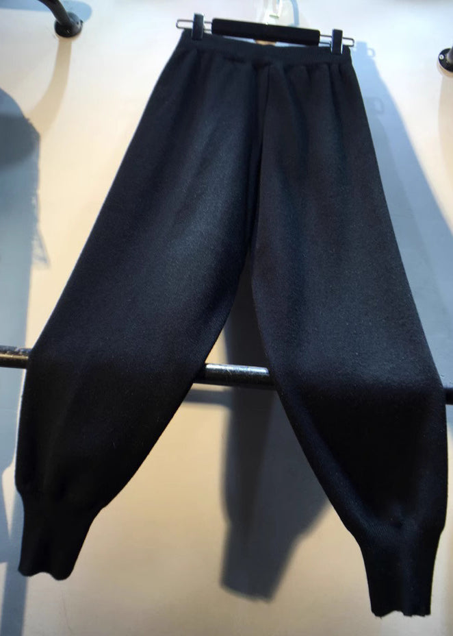 Black Elastic Waist Zircon Knit Harem Pants Spring