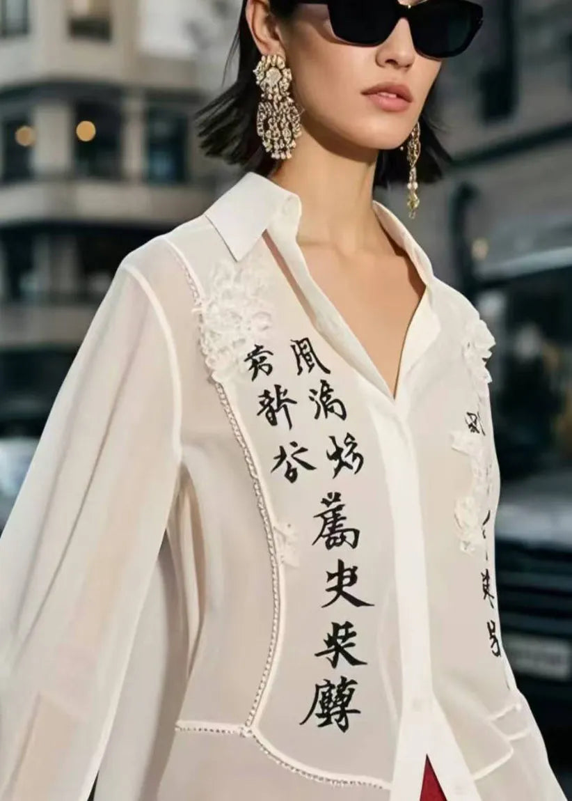 White Patchwork Draping Chiffon Shirt Tops Spring