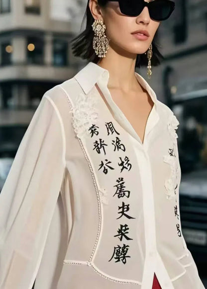 White Patchwork Draping Chiffon Shirt Tops Spring