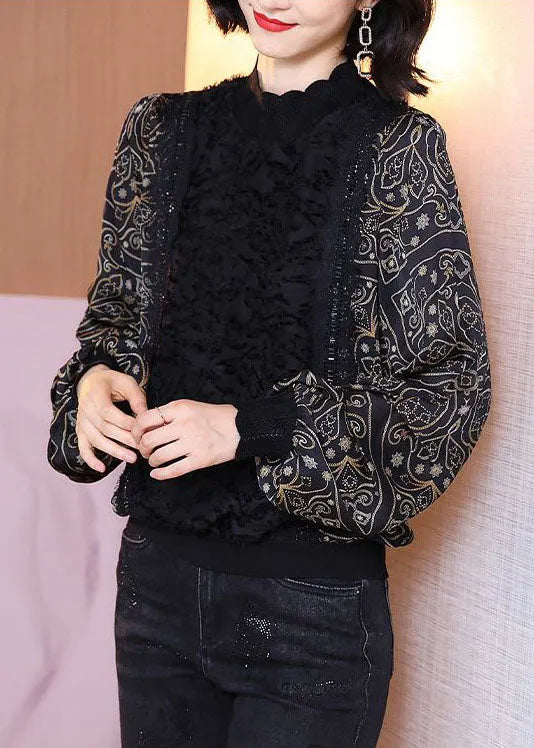Diy Black Stand Collar Oversized Patchwork Print Chiffon Shirt Top Lantern Sleeve