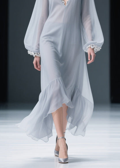 Light Grey Lace Chiffon Maxi Dresses V Neck Spring